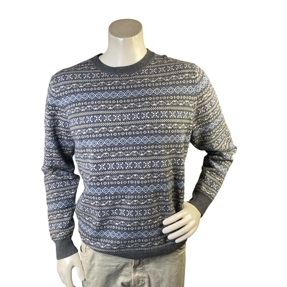 Peter Millar Mens Medium Gray Blue Fair Isle Nordic Cashmere Merino Wool Sweater